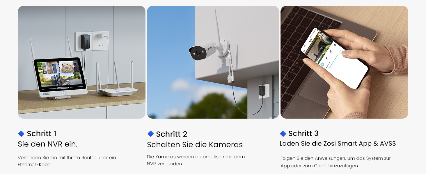 ZOSI C302 Kameraset: acht weisse Bullet-Kameras für aussen und der Rekorder mit 12-Zoll-Bildschirm. – Detail 17