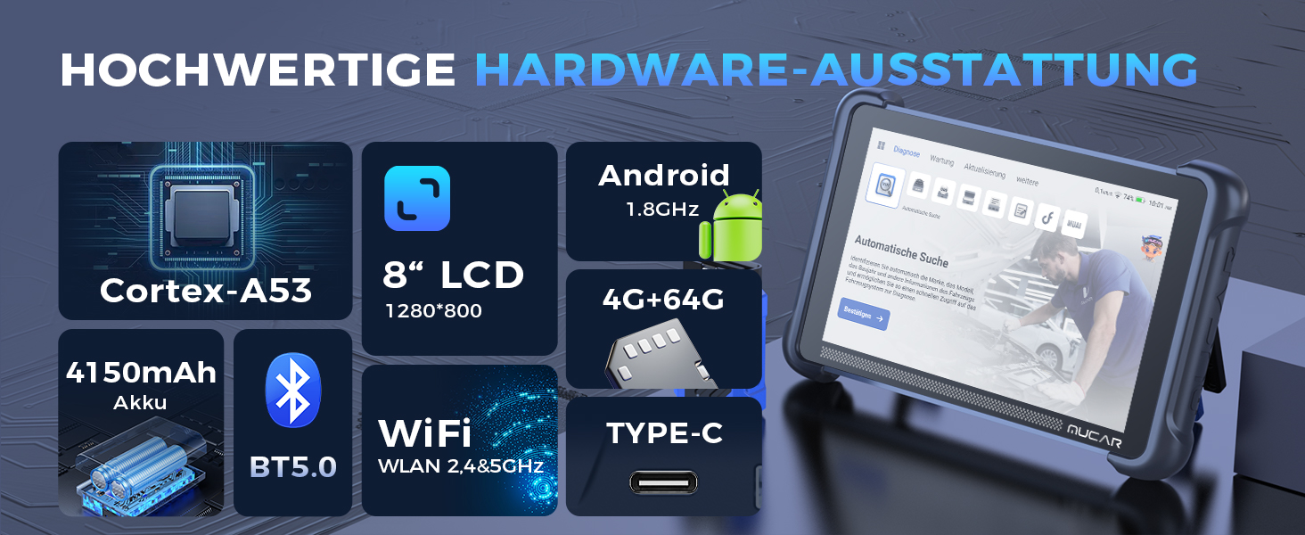 MUCAR 892BT OBD2-Diagnosegerät mit 8-Zoll-Tablet, Bluetooth-Dongle und Zubehör – Detail 15