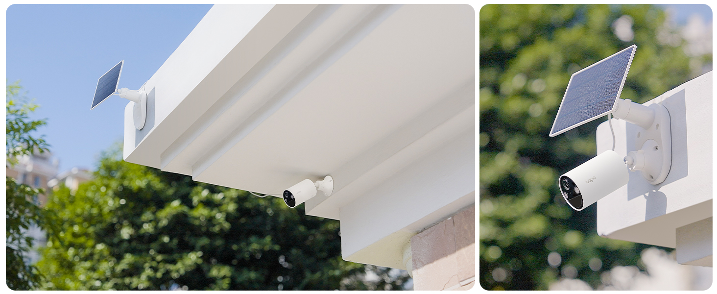 Tapo C410 KIT mit weisser Akkukamera und angeschlossenem Solarpanel A201 an einer Hauswand – Detail 3