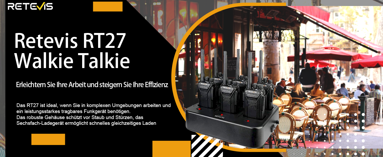Sechs schwarze Retevis RT27 Handfunkgeräte mit Gürtelclips neben dem Sechs-Wege-Ladegerät. – Detail 2