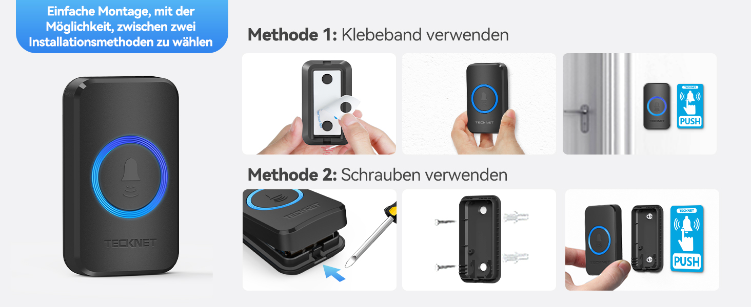 TECKNET Funk-Türklingel Set mit zwei Klingeltastern und vier Steckdosen-Empfängern – Detail 14