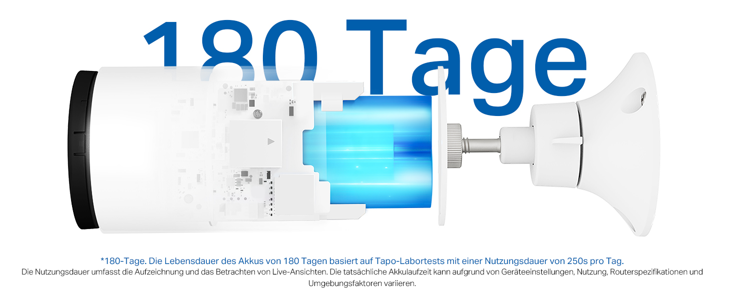 Tapo C410 KIT mit weisser Akkukamera und angeschlossenem Solarpanel A201 an einer Hauswand – Detail 4