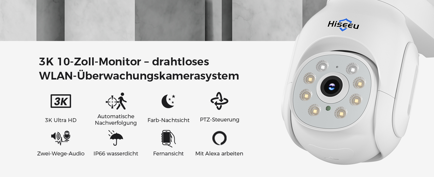 Hiseeu WLAN-Überwachungsset mit vier schwenkbaren 5-MP-PTZ-Kameras und 10-Zoll-Monitor – Detail 4