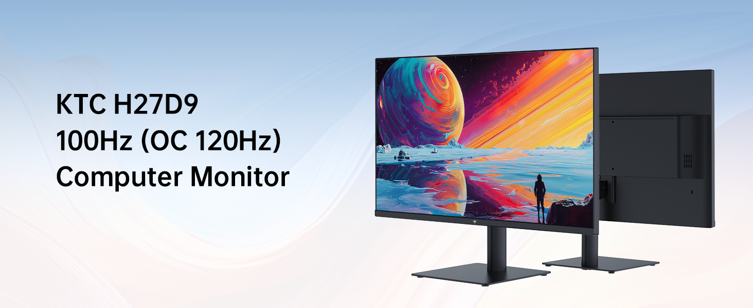 KTC H27D9: schwarzer 27-Zoll-Monitor mit schmalem Rahmen auf dem mitgelieferten Standfuss, Frontansicht. – Detail 2
