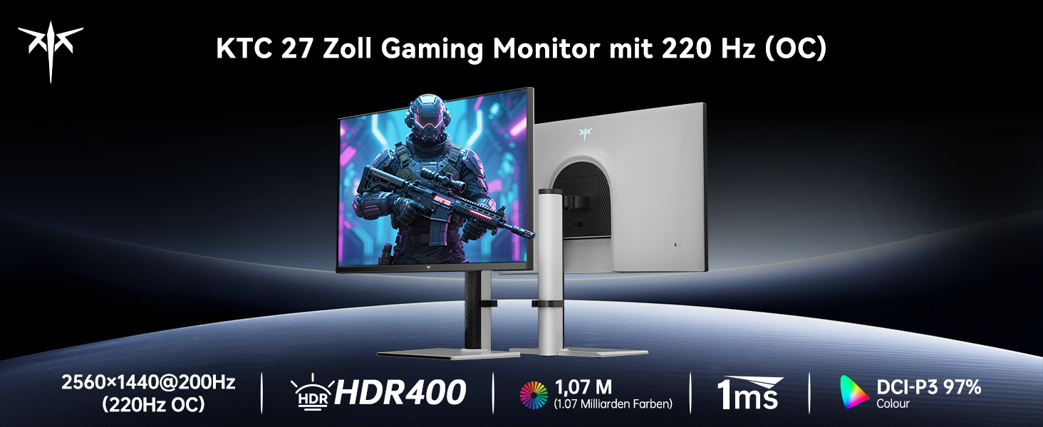 KTC H27T6: weisser 27-Zoll-Gaming-Monitor auf höhenverstellbarem Standfuss, Frontansicht. – Detail 2