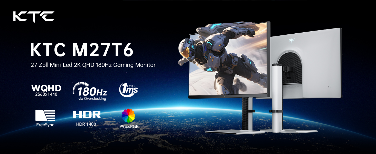 KTC M27T6 27-Zoll-Mini-LED-Monitor in Weiss mit QHD-Display und weissem Standfuss – Detail 2