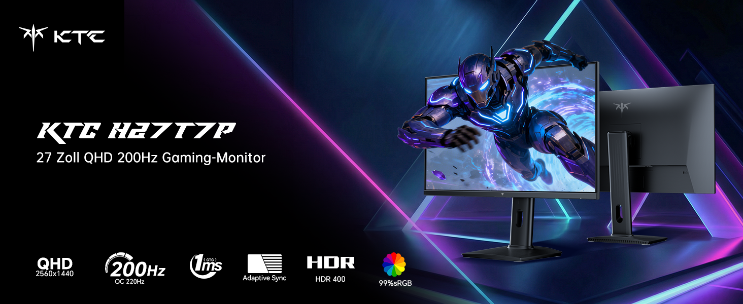 KTC H27T7P 27-Zoll-Gaming-Monitor in Schwarz mit schmalrandigem QHD-Display auf Standfuss – Detail 2