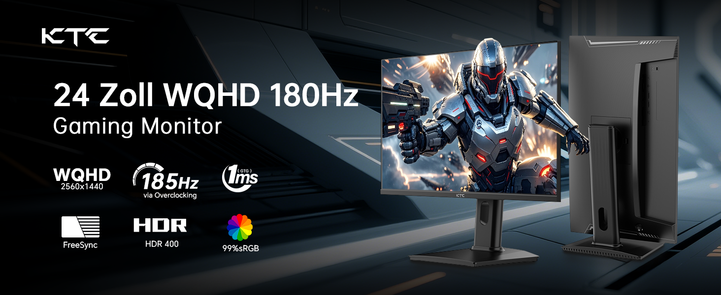 KTC 24-Zoll-Gaming-Monitor in Schwarz mit QHD-Display auf höhenverstellbarem Pivot-Standfuss – Detail 2