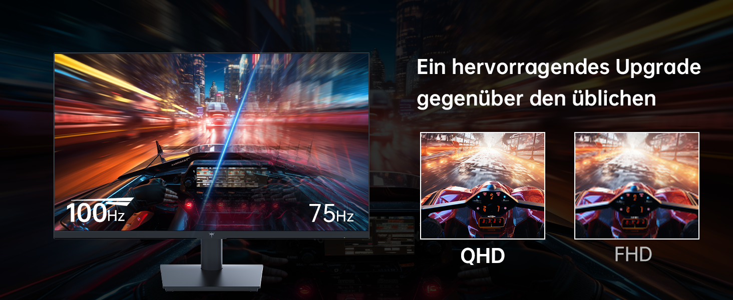 KTC H27D9: schwarzer 27-Zoll-Monitor mit schmalem Rahmen auf dem mitgelieferten Standfuss, Frontansicht. – Detail 3