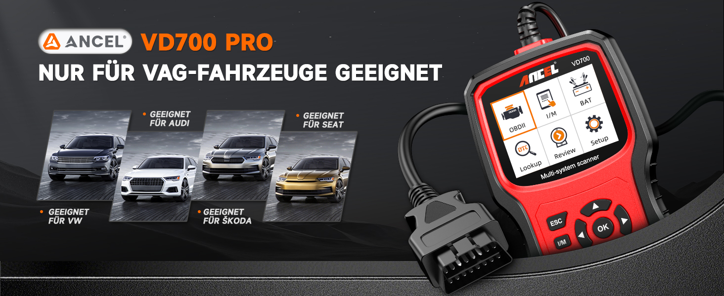 ANCEL VD700Pro Diagnosegerät mit Anzeige und OBD2-Stecker – Detail 2