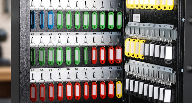 Schwarzer HMF Schlüsseltresor 2100-02 mit elektronischem Zahlenschloss und Hakenleisten für 100 Schlüssel. – Detail 3