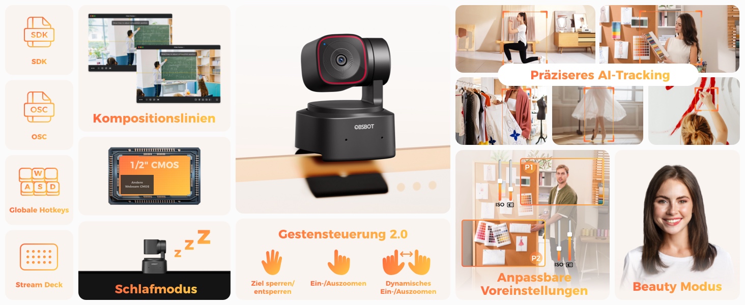 OBSBOT Tiny 2 Lite 4K-PTZ-Webcam mit beweglichem Zwei-Achsen-Gimbal – Detail 2