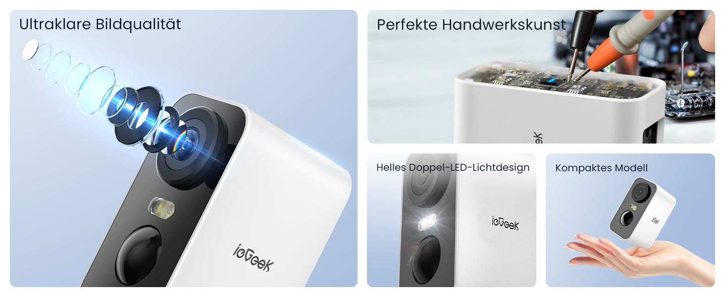 ieGeek S2 Akku-Überwachungskamera in Weiss mit Ständer, Objektiv und Weisslicht – Detail 17