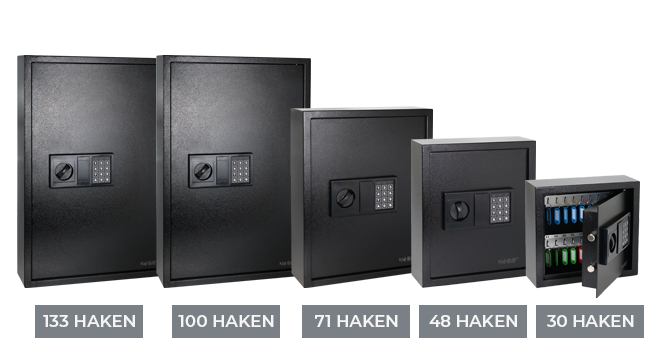 Schwarzer HMF Schlüsseltresor 2100-02 mit elektronischem Zahlenschloss und Hakenleisten für 100 Schlüssel. – Detail 4