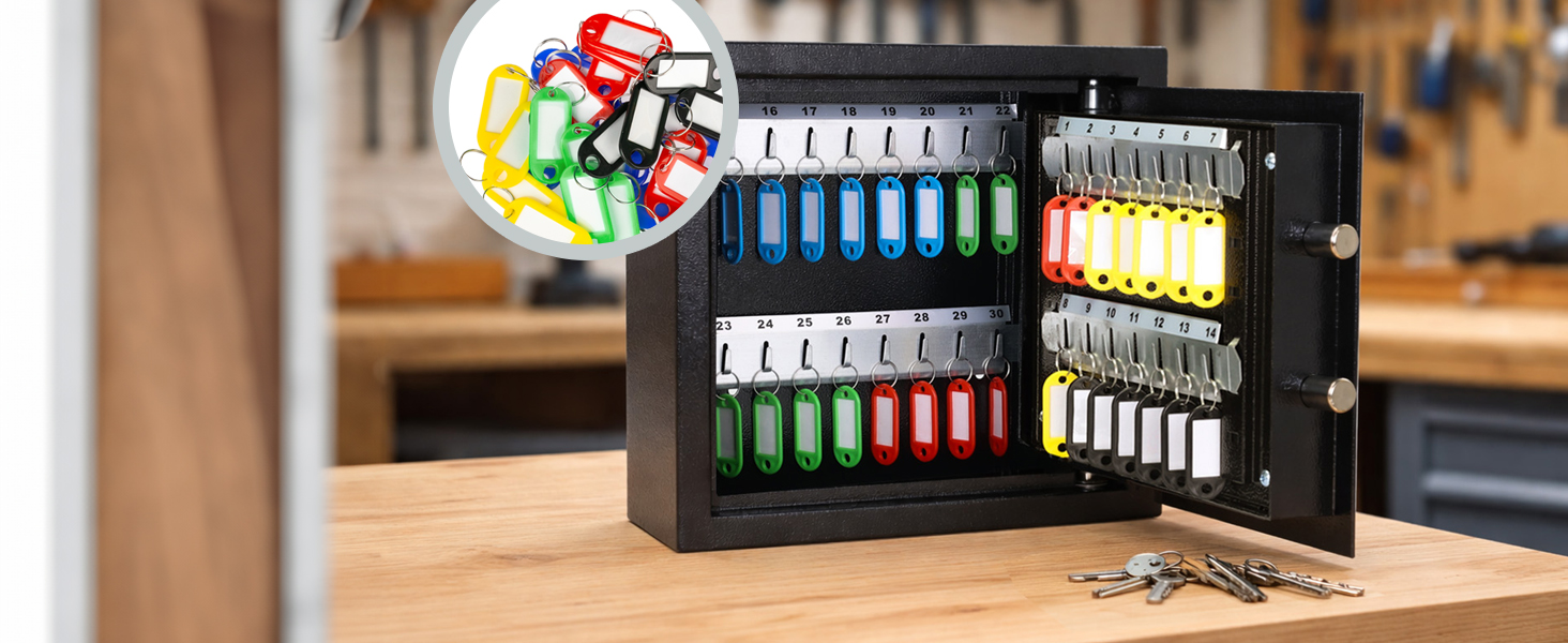 Schwarzer HMF Schlüsseltresor 2100-02 mit elektronischem Zahlenschloss und Hakenleisten für 100 Schlüssel. – Detail 5
