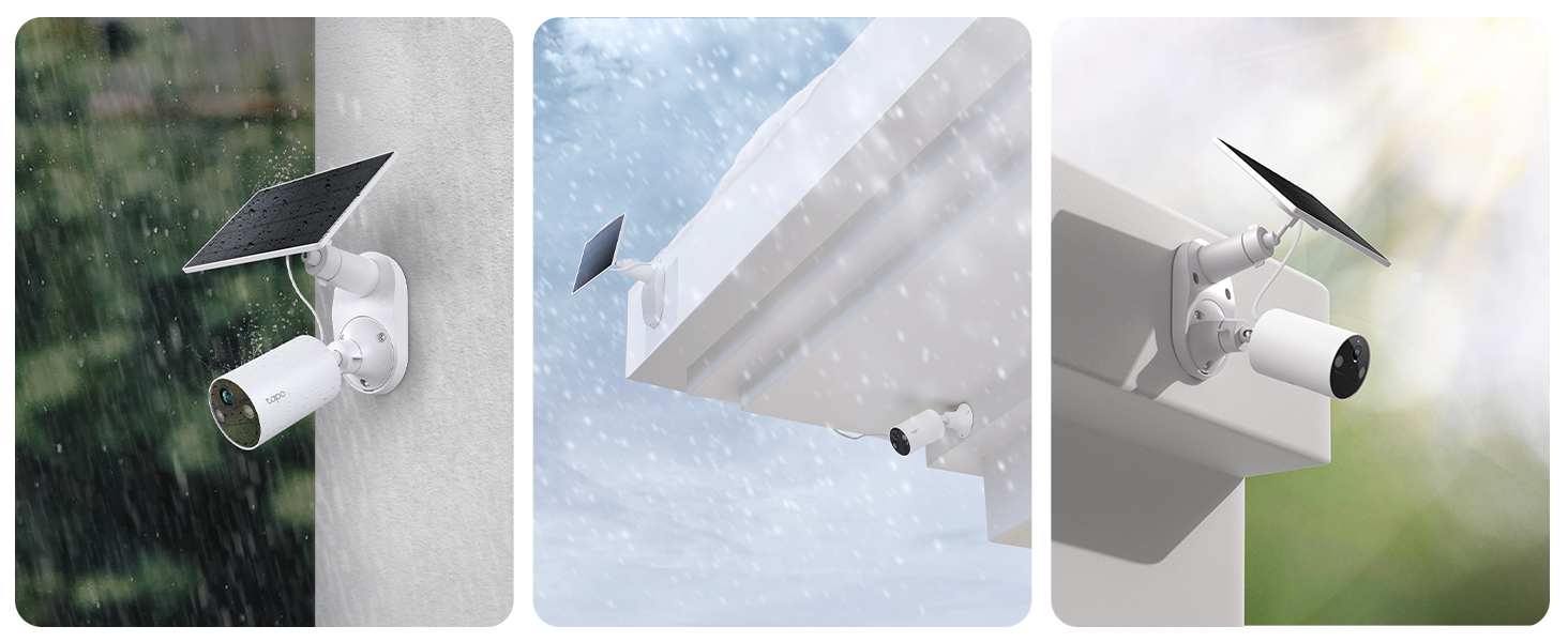 Tapo C410 KIT mit weisser Akkukamera und angeschlossenem Solarpanel A201 an einer Hauswand – Detail 12