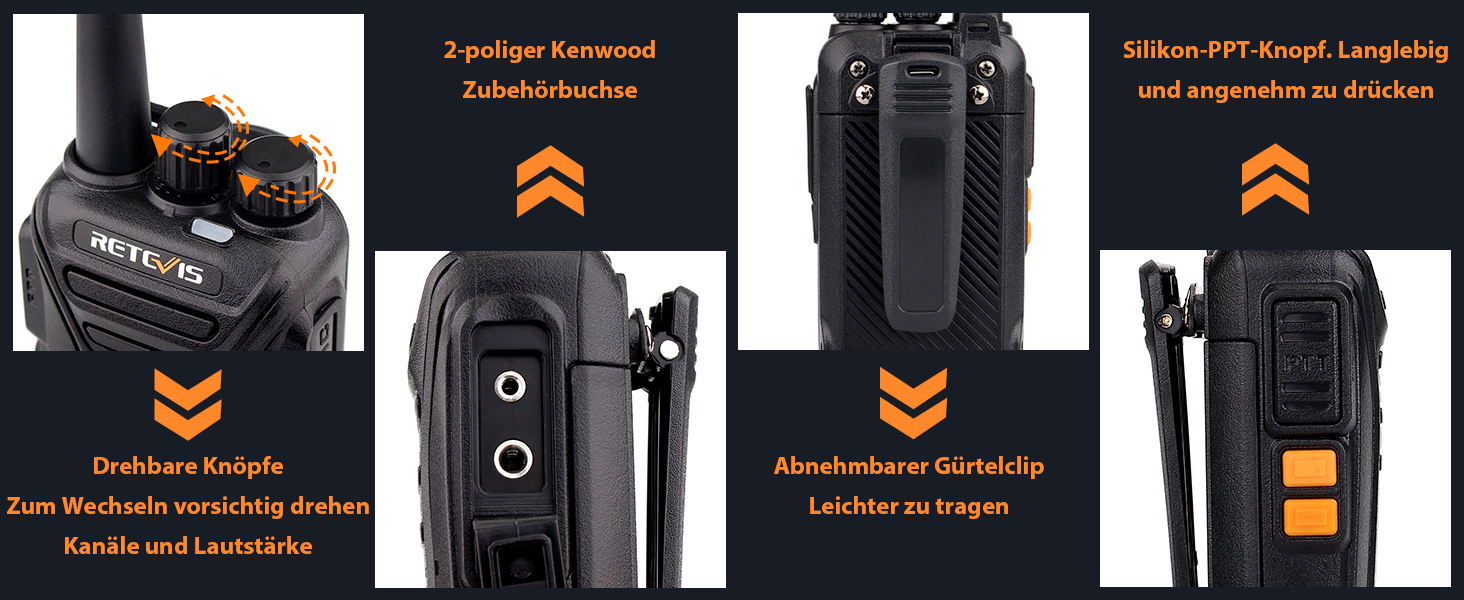 Sechs schwarze Retevis RT27 Handfunkgeräte mit Gürtelclips neben dem Sechs-Wege-Ladegerät. – Detail 10