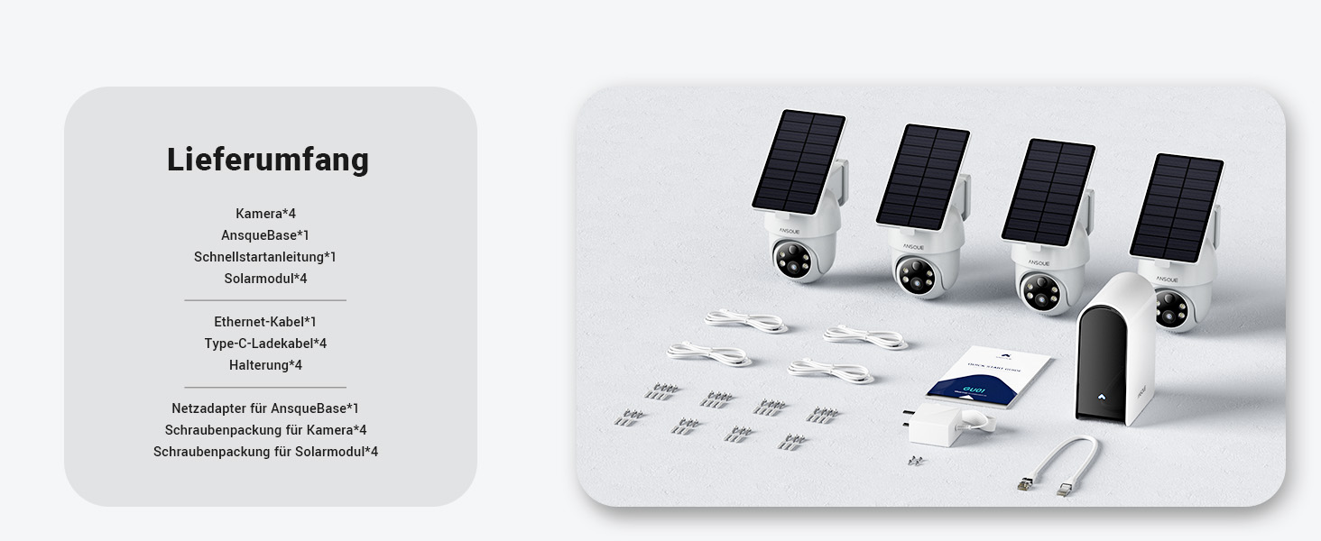 ANSQUE Solar-Akkukamera-Set mit vier schwenkbaren 2K-Kameras und Basisstation – Detail 25