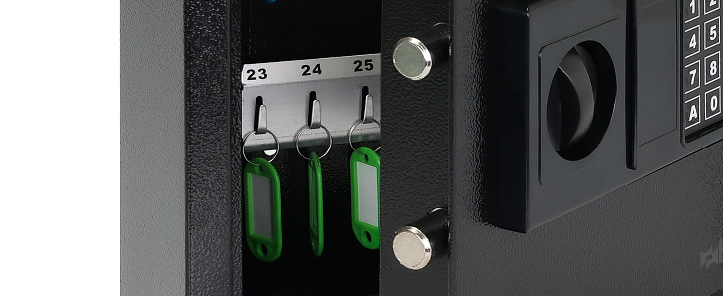 Schwarzer HMF Schlüsseltresor 2100-02 mit elektronischem Zahlenschloss und Hakenleisten für 100 Schlüssel. – Detail 7
