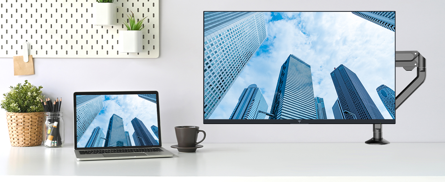 KTC H27D9: schwarzer 27-Zoll-Monitor mit schmalem Rahmen auf dem mitgelieferten Standfuss, Frontansicht. – Detail 10