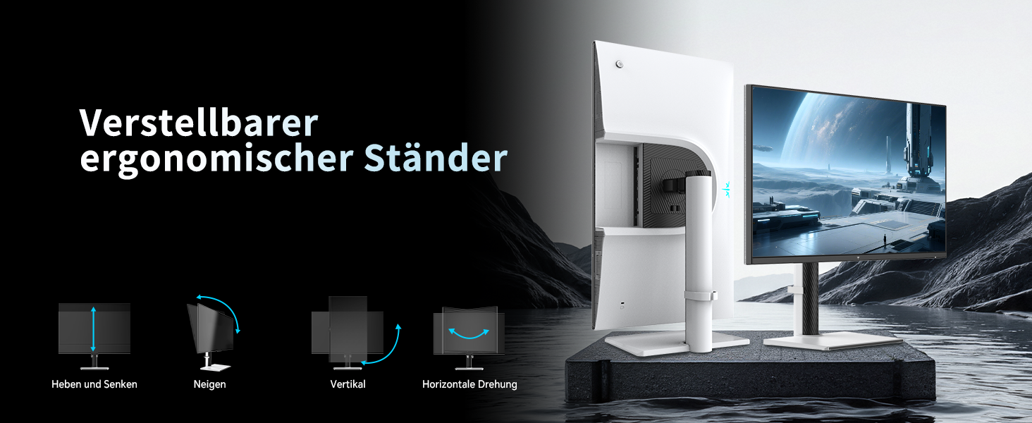 KTC H27T6: weisser 27-Zoll-Gaming-Monitor auf höhenverstellbarem Standfuss, Frontansicht. – Detail 10