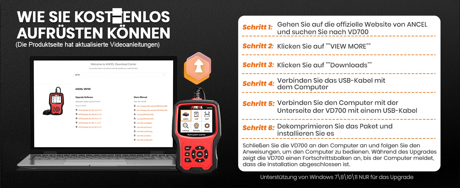 ANCEL VD700Pro Diagnosegerät mit Anzeige und OBD2-Stecker – Detail 30