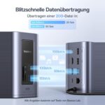 Uebersicht der Datenraten: 10 Gbit/s an den USB-C-Anschluessen, 5 Gbit/s an den USB-A-Anschluessen