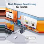 MacBook mit zwei externen Monitoren, die dank DisplayLink unterschiedliche Inhalte zeigen