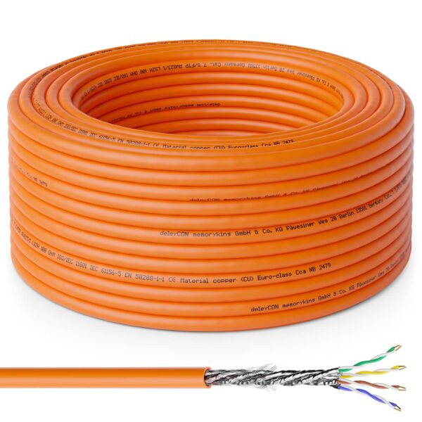 deleyCON CAT 7 Verlegekabel 50 m orange als Ring mit abgemanteltem Ende