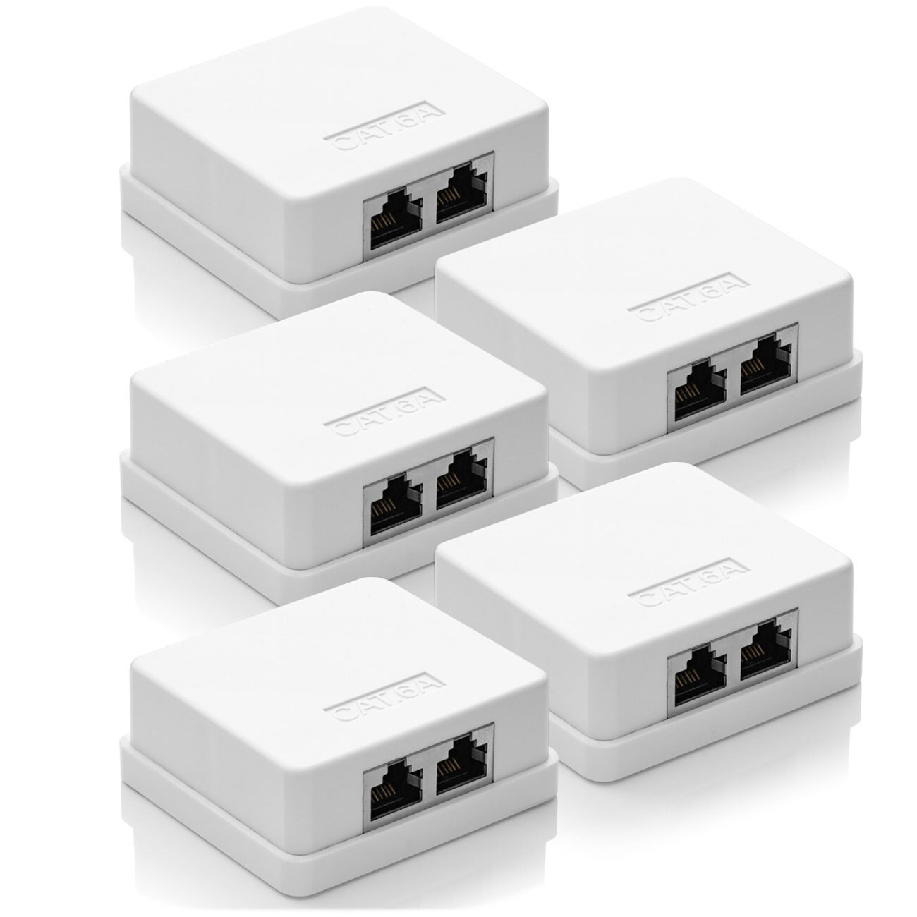 Hauptbild und das einzig mengenrichtige Bild fuenf weisse Au deleyCON CAT 6a Netzwerkdose Aufputz 2x RJ45, 5 Stueck