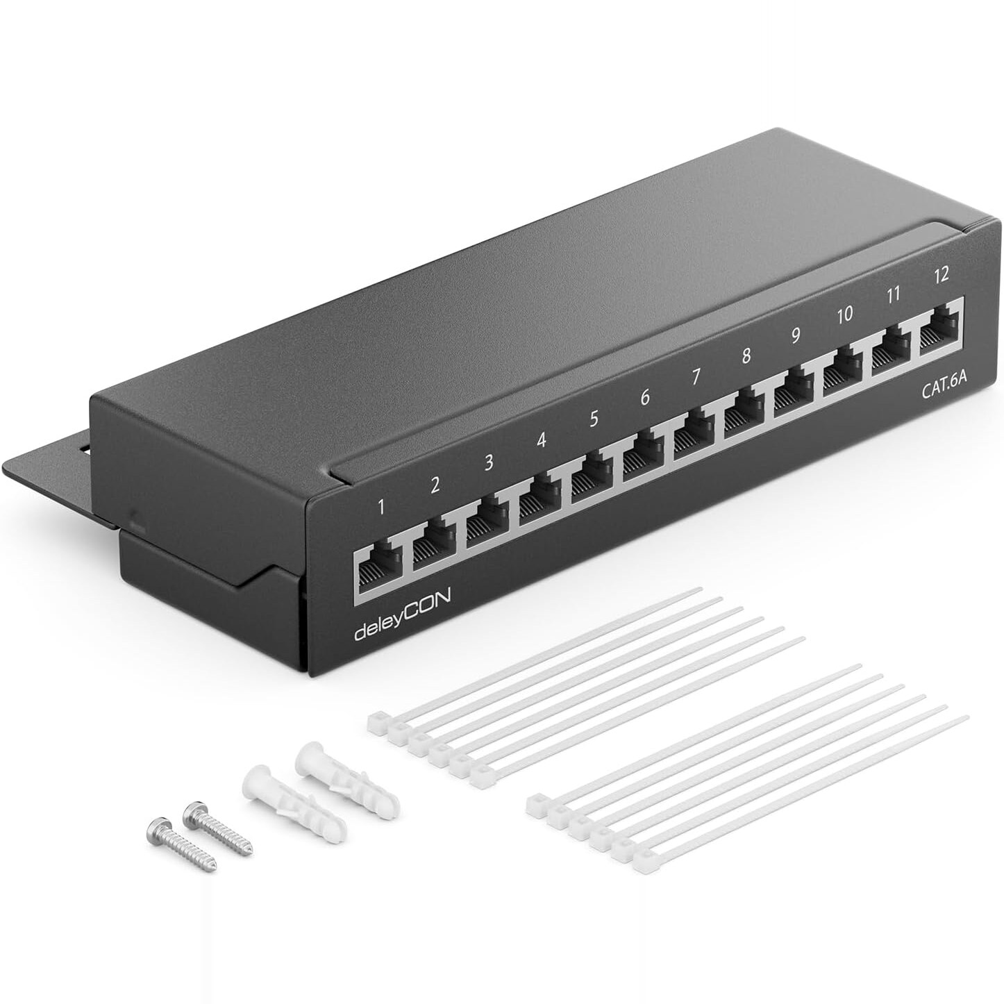 Hauptbild das schwarze 12-Port-Panel schraeg von vorn, Ports deleyCON CAT 6a Patchpanel 12 Port schwarz mit Schrauben, Duebeln und Kabelbindern