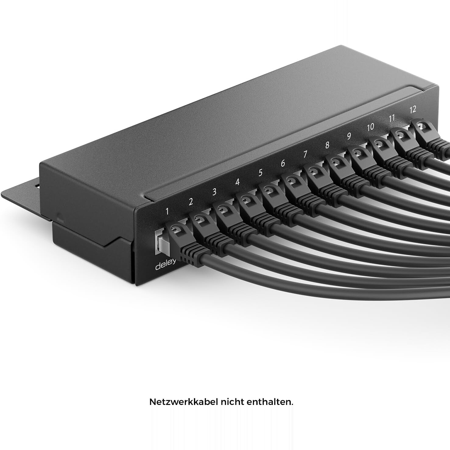 Patchpanel 12 Port mit eingesteckten Patchkabeln, Kabel nicht im Lieferumfang