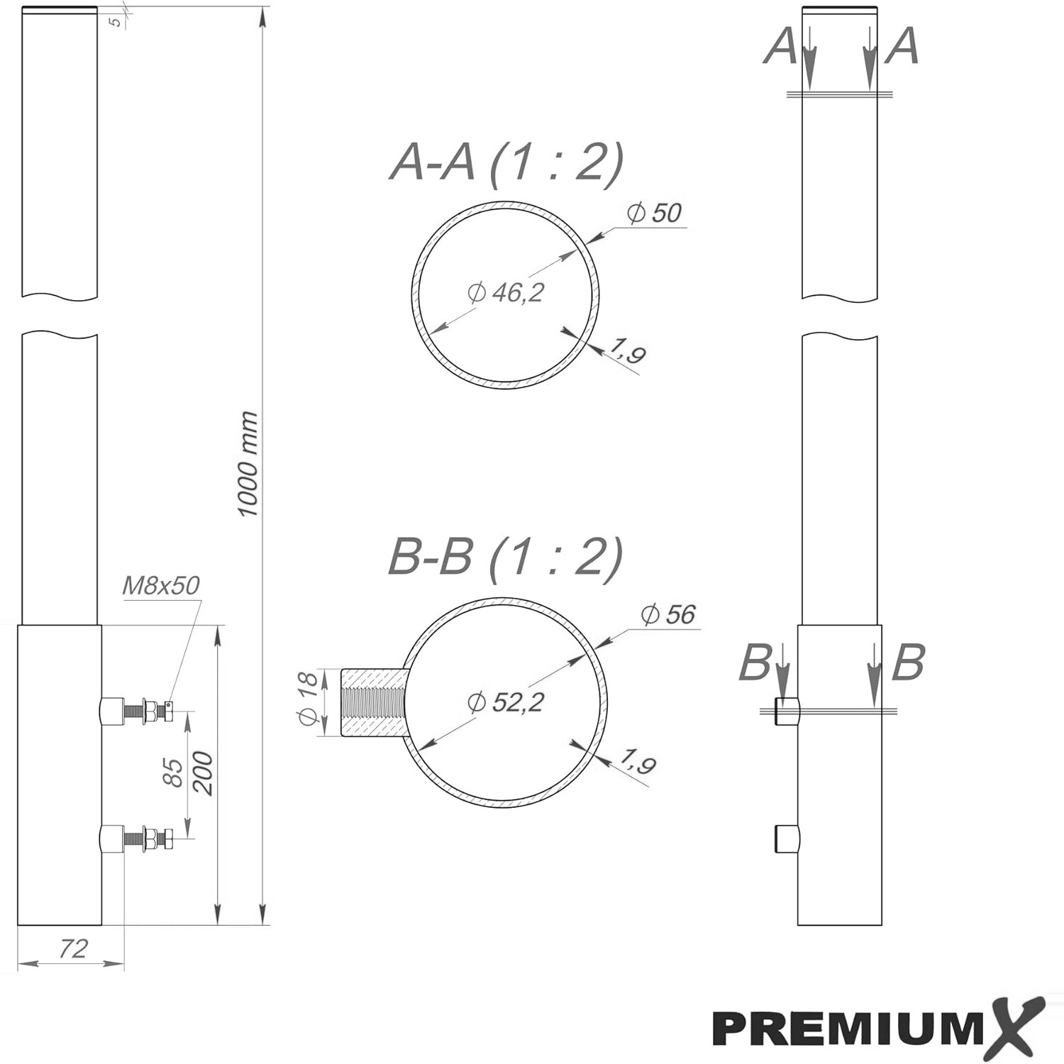 Bemassungszeichnung Mastverlaengerung 1000 mm mit Rohrdurchmesser 50 mm und Uebergangshuelse 52,2 mm