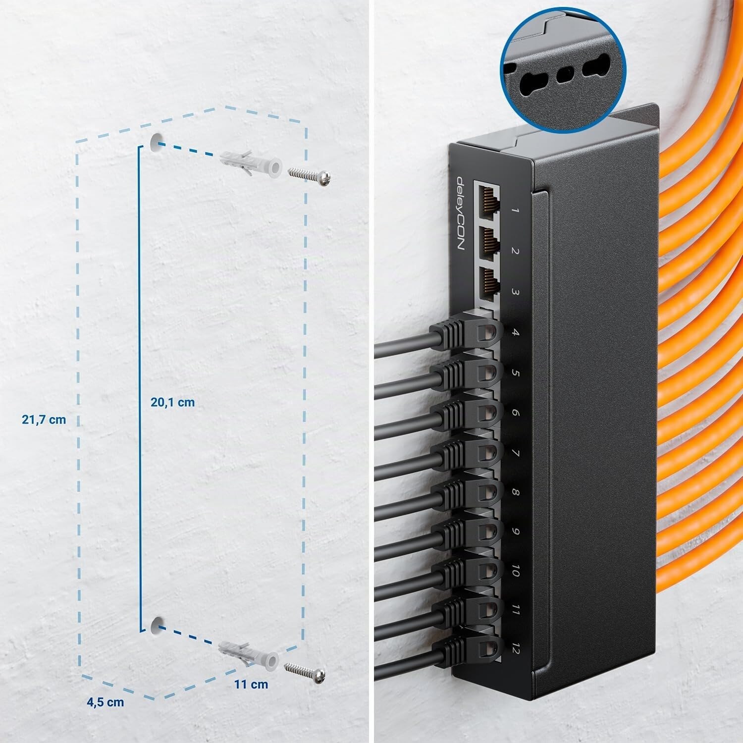 Bohrmasse und Wandmontage des Patchpanels von hinten