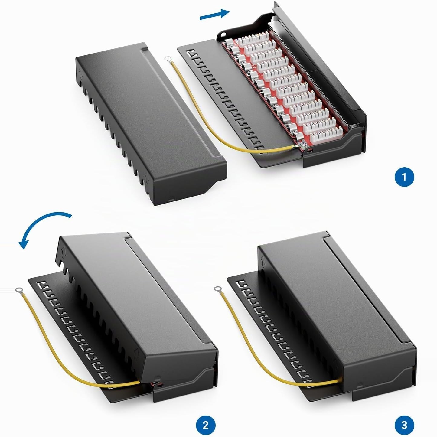 Explosionsgrafik Patchpanel mit LSA Leiste und gelbem Erdungskabel