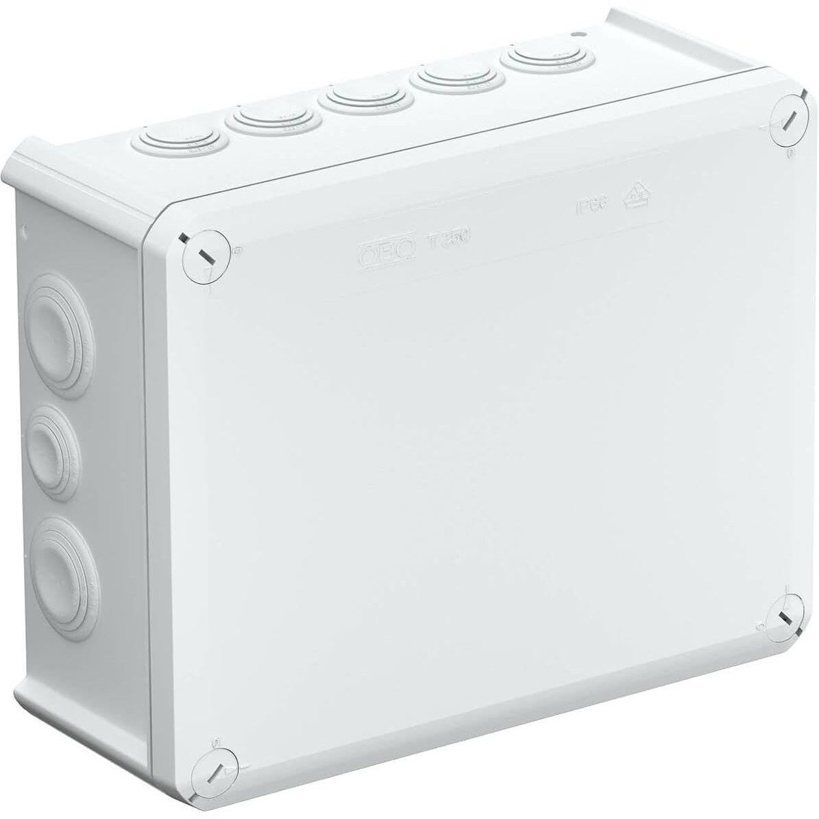Produktrender des geschlossenen lichtgrauen Kastens, schräg OBO Bettermann T250 Kabelabzweigkasten lichtgrau 240 x 190 x 95 mm geschlossen