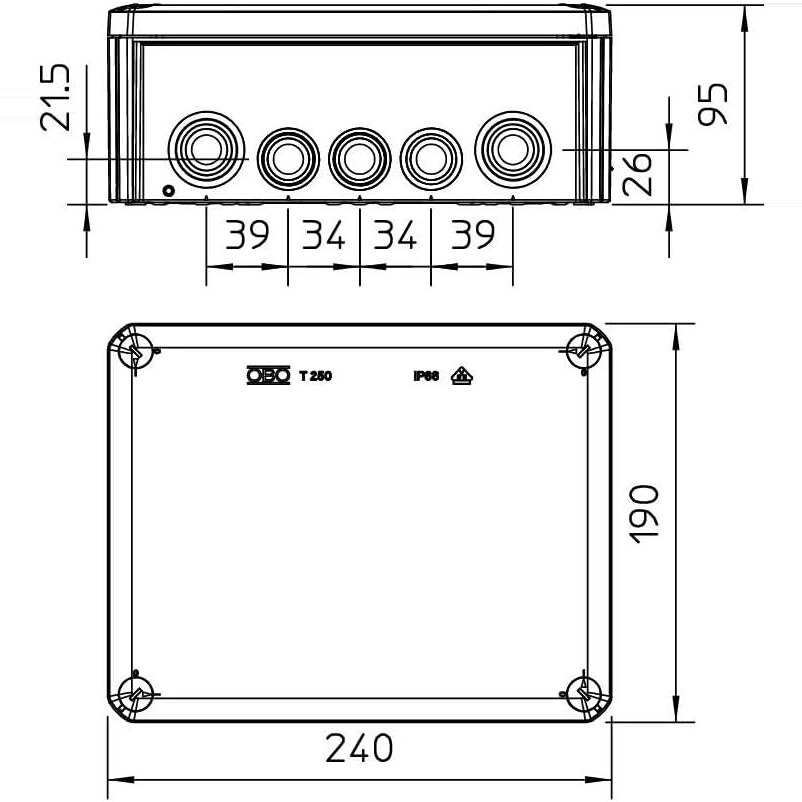 OBO T250 Masszeichnung 240 x 190 x 95 mm mit Einfuehrungsraster