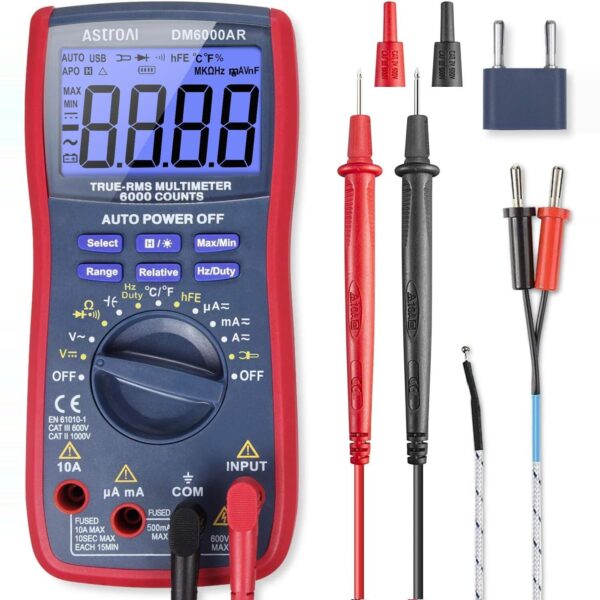 Rotes AstroAI True RMS Multimeter mit Messleitungen und Thermoelement