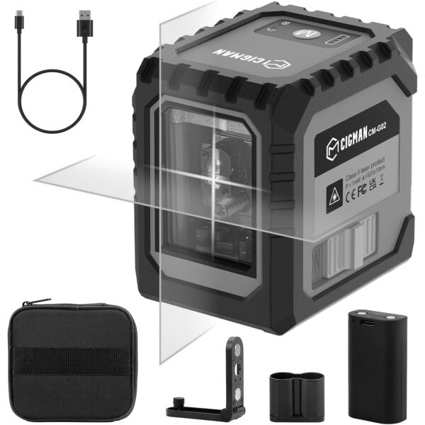 CIGMAN CM-G02 Kreuzlinienlaser mit Tasche Magnethalterung Akku und USB-C-Kabel