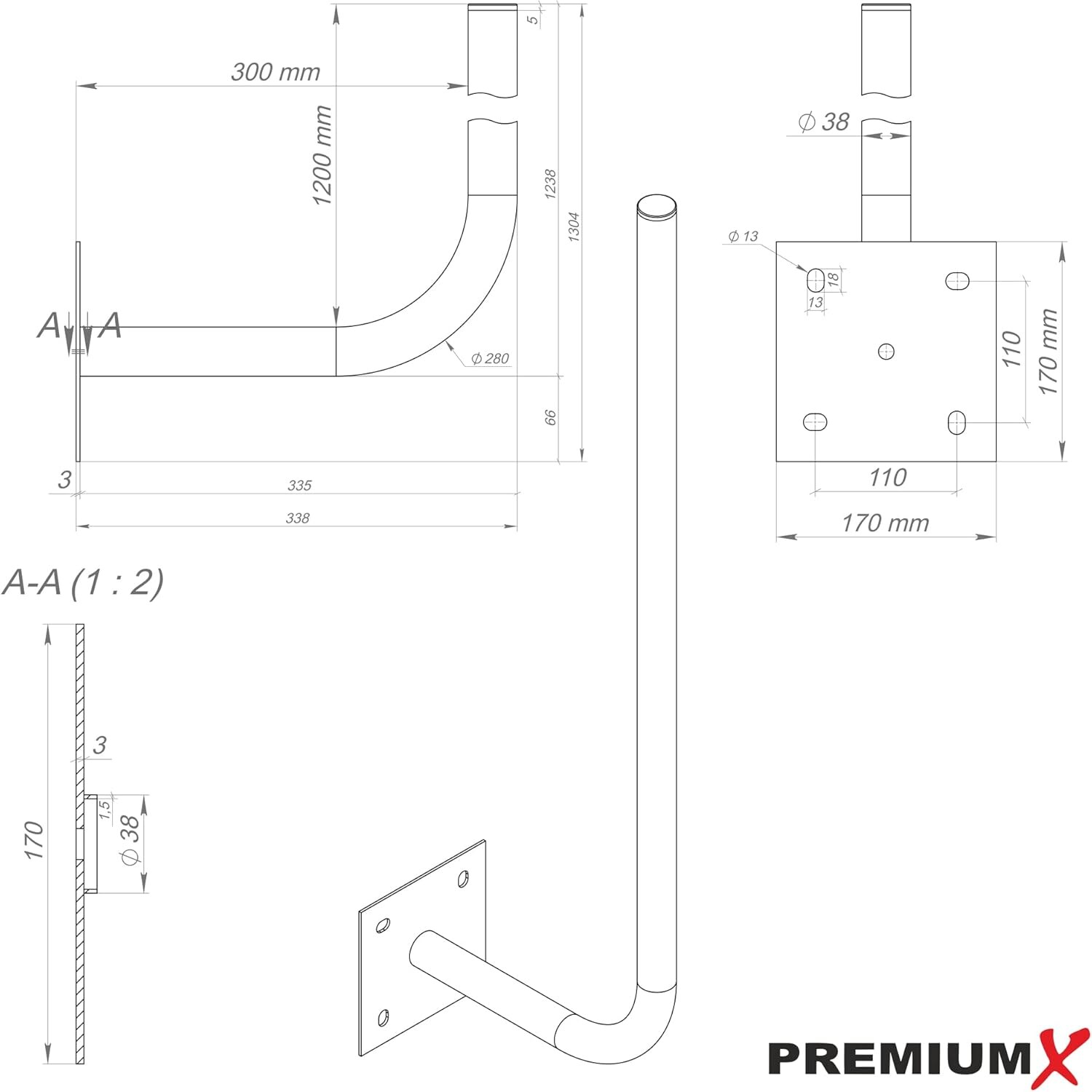 Technische Zeichnung mit 300 Millimeter Wandabstand, 1200 Millimeter Masthoehe, Rohrdurchmesser 38 Millimeter und Platte 170 mal 170 Millimeter