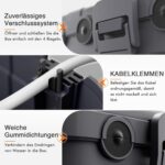 Detailansicht des Verschlusssystems mit vier Riegeln, der Kabelklemmen und der Gummidichtungen