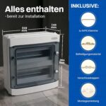 Massangaben 319 mal 384 mal 144 Millimeter und Auflistung von N/PE-Klemme, Befestigungsmaterial, Verschlusskappen und Anleitung