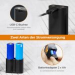 USB-C-Buchse herausnehmbarer Akku und Adapter fuer zwei AA-Batterien