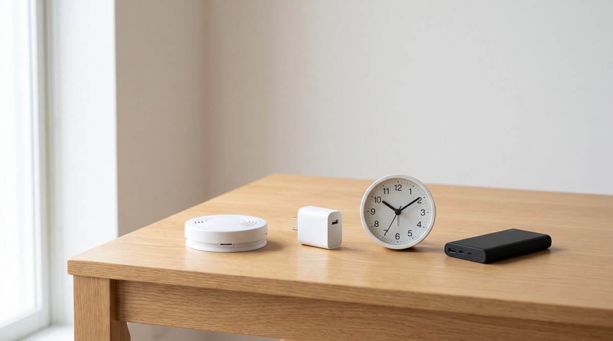 Vier Alltagsgegenstaende nebeneinander: Rauchmelder, USB-Ladegeraet, Wanduhr und Powerbank