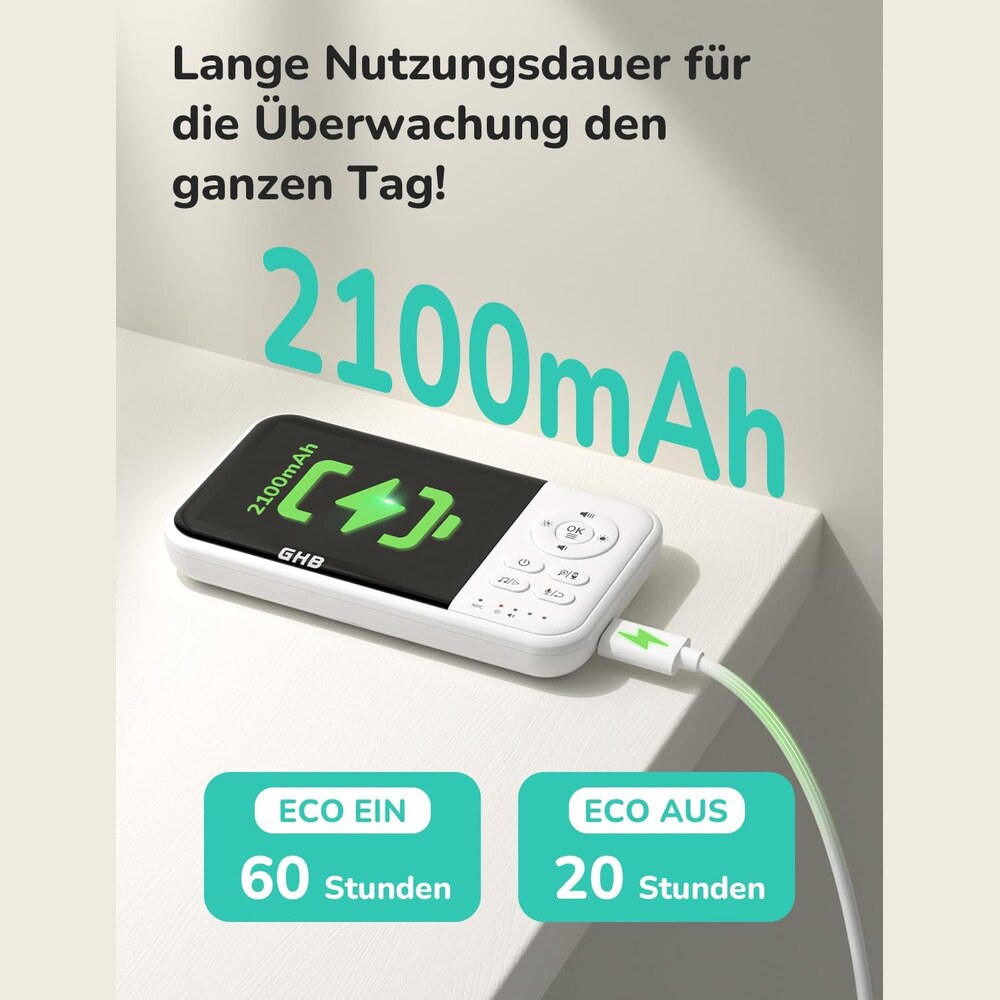 GHB Babyphone – 2100-mAh-Akku mit bis zu 60 Stunden Laufzeit im ECO-Modus