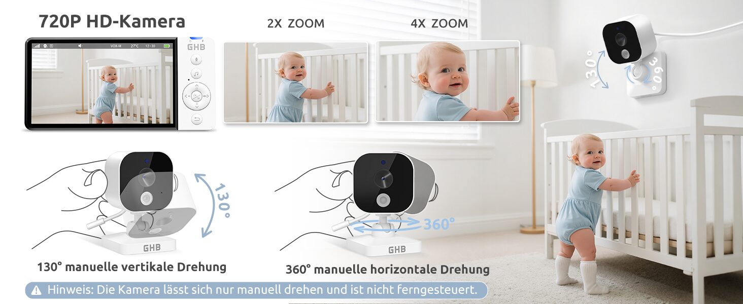 720P HD-Kamera mit 2x und 4x Zoom, 130 Grad vertikal und 360 Grad horizontal manuell drehbar