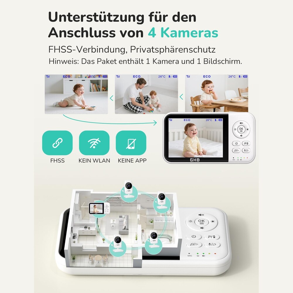 GHB Babyphone – ein Monitor verbindet bis zu 4 Kameras, ohne WLAN und ohne App