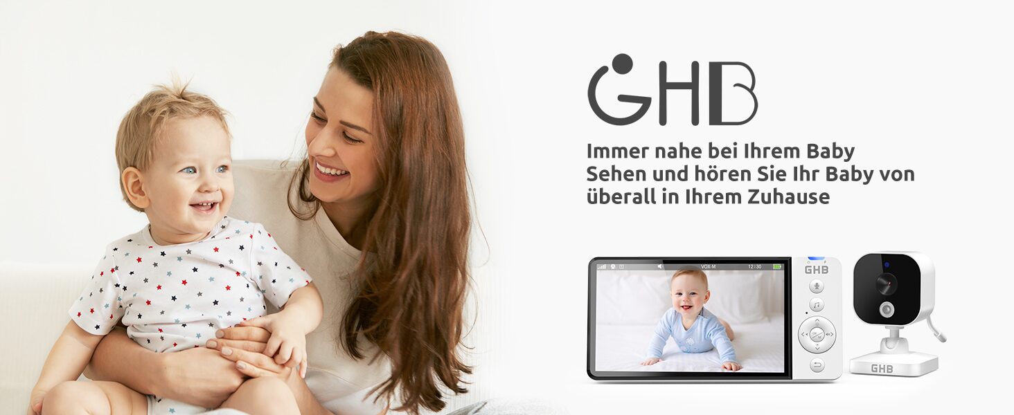 GHB Babyphone: Mutter mit Baby, daneben 5-Zoll-Monitor und Kamera