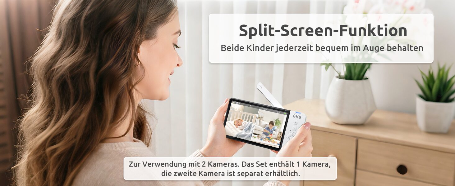 Split-Screen-Funktion: beide Kinder gleichzeitig im Blick, zweite Kamera separat erhaeltlich