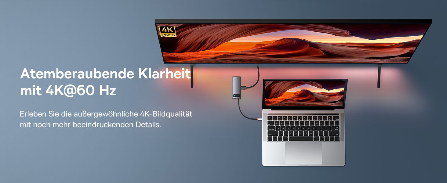 Laptop mit dem Hub an einem grossen Fernseher, Bildausgabe in 4K bei 60 Hz